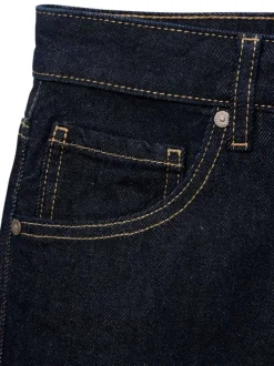 Jean 5 poches en coton indigo uni avec une coupe droite et surpiqûres beiges