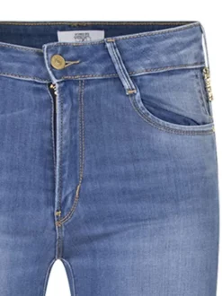 Jean Pulp High Regular en coton indigo uni avec une coupe ajustée et des surpiqûres oranges