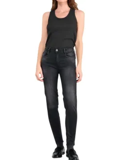 Jean Pulp High Regular en coton indigo uni avec une coupe ajustée et des surpiqûres oranges