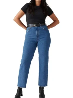 Jean Ribcage Straight Ankle bleu uni en coton à coupe droite et surpiqûres camel