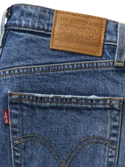 Jean Ribcage Straight Ankle bleu uni en coton à coupe droite et surpiqûres camel