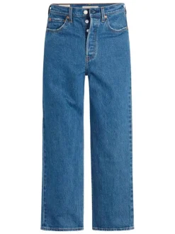 Jean Ribcage Straight Ankle bleu uni en coton à coupe droite et surpiqûres camel
