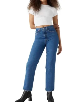 Jean Ribcage Straight Ankle bleu uni en coton à coupe droite et surpiqûres camel
