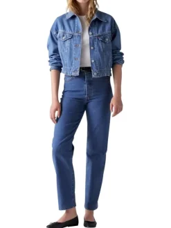 Jean Ribcage Straight Ankle bleu uni en coton à coupe droite et surpiqûres camel