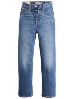 Jean Ribcage Straight Ankle droit en coton bleu délavé avec rivets cuivrés