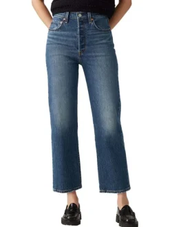 Jean Ribcage Straight Ankle droit en coton bleu délavé avec rivets cuivrés