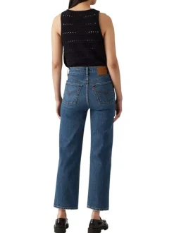 Jean Ribcage Straight Ankle droit en coton bleu délavé avec rivets cuivrés