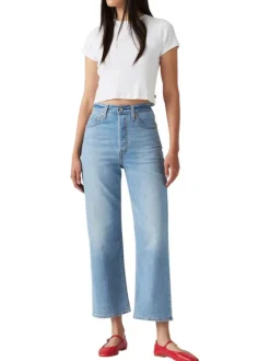 Jean Ribcage Straight Ankle en coton mélangé bleu stone uni à coupe ajustée