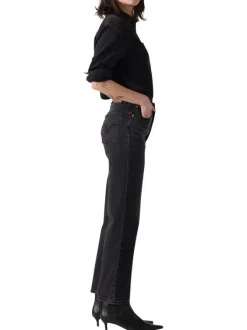 Jean Ribcage Straight Ankle noir en coton uni avec surpiqûres ton sur ton