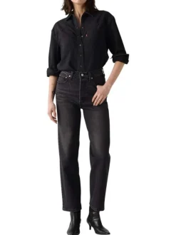 Jean Ribcage Straight Ankle noir en coton uni avec surpiqûres ton sur ton