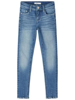 Jean skinny en coton mélangé bleu ciel délavé effet froissé à taille élastiquée réglable et découpes chevilles