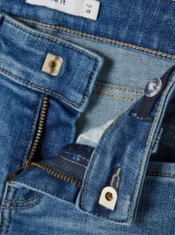 Jean skinny en coton mélangé bleu ciel délavé effet froissé à taille élastiquée réglable et découpes chevilles