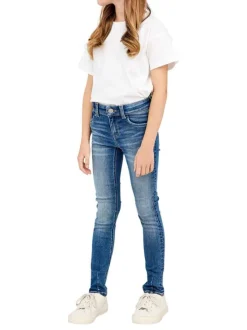 Jean skinny en coton mélangé bleu ciel délavé effet froissé à taille élastiquée réglable et découpes chevilles