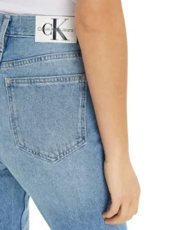 Jean Slim Straight en coton bleu uni délavé au niveau des genoux
