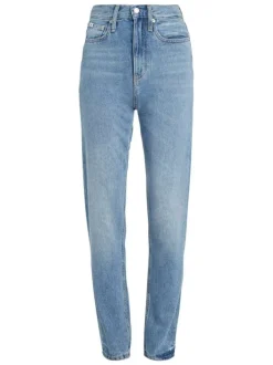 Jean Slim Straight en coton bleu uni délavé au niveau des genoux