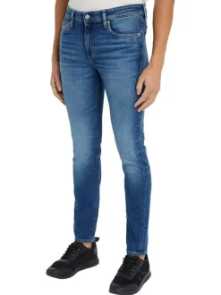 Jean Slim Taper en coton mélangé bleu avec une coupe slim et 3 poches avants