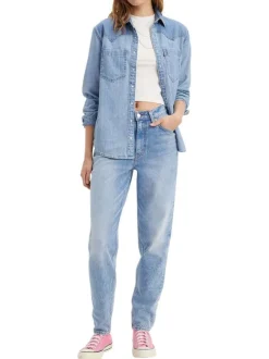 Jean '80s Mom Jeans bleu stone uni à coupe tapered et à taille haute