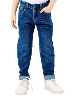 Jean taille slim ajustable en partie en coton indigo léger délavé à jambes droites