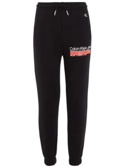 Jogging en coton noir uni avec nom de la marque inscrit sur la jambe gauche