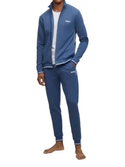 Jogging en coton mélangé bleu uni avec une coupe slim et un lien de serrage