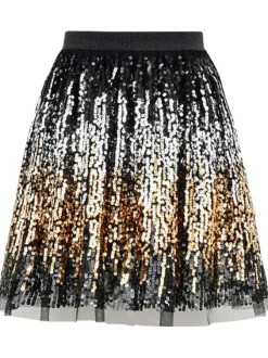 Jupe courte noire en tulle avec sequins dorés et argentés all-over