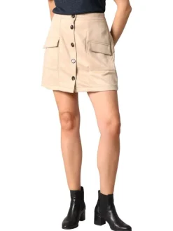 Jupe courte beige unie en maille effet velours avec poches et boutonnière