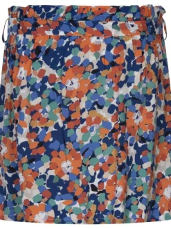 Jupe courte bleue fleurie avec une coupe paper bag et ceinture à nouer