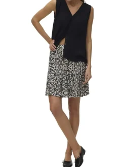Jupe courte écrue à motifs avec un lien à nouer et une taille élastiquée