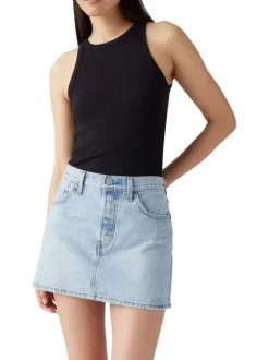 Jupe courte denim en coton bleue stone unie avec une coupe droite