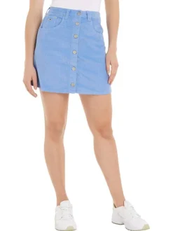 Jupe courte en coton bleu ciel en velours avec une coupe droite