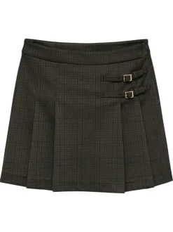 Jupe courte marron avec un motif écossais et fermeture zippée