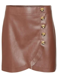 Jupe courte marron unie coupe portefeuille avec boutons