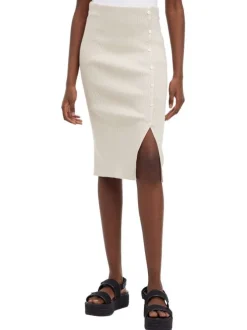 Jupe crayon en coton mélangé beige unie fendue sur le côté gauche