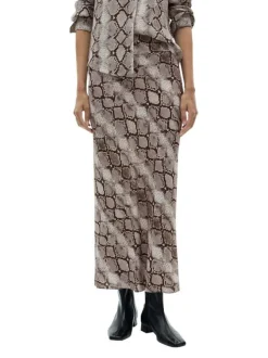 Jupe longue beige à imprimé serpent all-over et à coupe droite