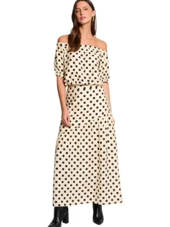 Jupe longue beige à motifs pourvu d'une coupe évasée et d'une taille haute