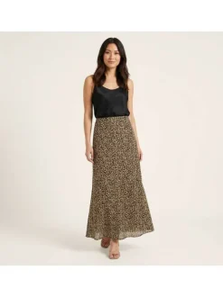 Jupe longue beige pourvu de motif animalier avec une coupe fluide