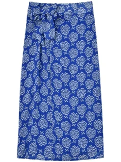 Jupe longue bleue imprimée fleurs abstraites avec une coupe droite
