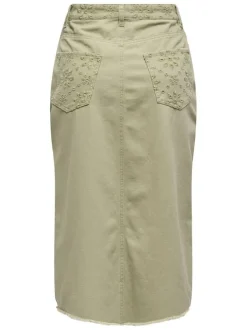 Jupe longue en coton beige en jean fermée par des boutons à coupe ajustée