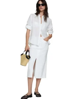 Jupe longue en coton blanche en jean avec une coupe midi et une fente