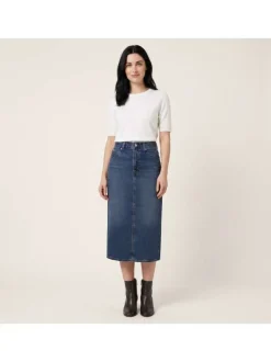 Jupe longue en coton indigo uni avec une coupe droite et une fente arrière