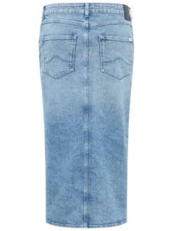 Jupe longue Eureka en coton jean unie avec zip et bouton et fendue sur l'avant