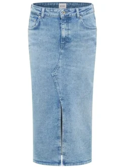 Jupe longue Eureka en coton jean unie avec zip et bouton et fendue sur l'avant