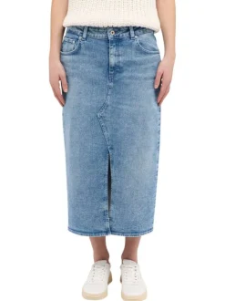 Jupe longue Eureka en coton jean unie avec zip et bouton et fendue sur l'avant