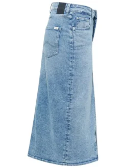 Jupe longue Eureka en coton jean unie avec zip et bouton et fendue sur l'avant