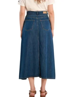 Jupe longue indigo unie pourvue d'une coupe droite et de multiples poches