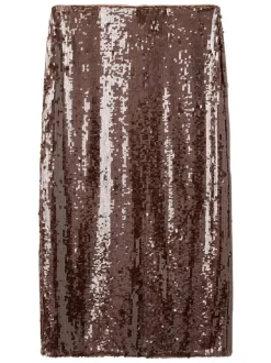 Jupe longue marron coupe crayon en tissu orné de sequins brillants