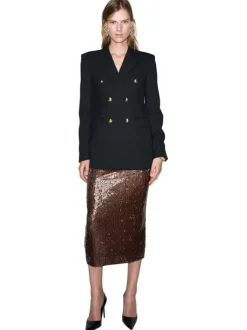 Jupe longue marron coupe crayon en tissu orné de sequins brillants