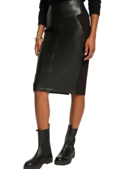 Jupe longue noire bi-matière coupe crayon avec fermeture zippée sur le côté