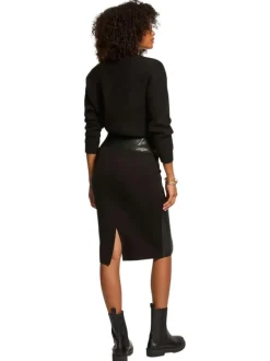 Jupe longue noire bi-matière coupe crayon avec fermeture zippée sur le côté