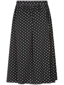 Jupe longue noire à pois avec une coupe droite fluide et une fermeture boutonnée